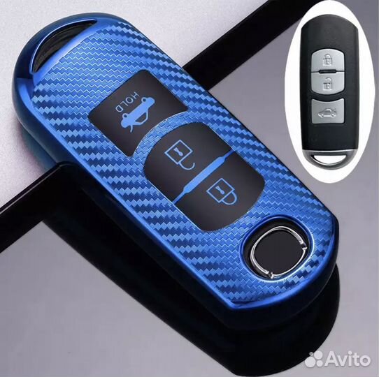Чехол на ключ Mazda / Мазда 3 кнопки TPU carbon blue