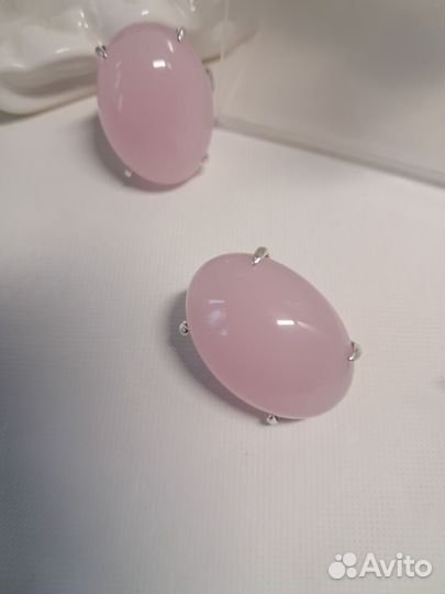 Серьги и кольцо 18 розовый кварц серебрение