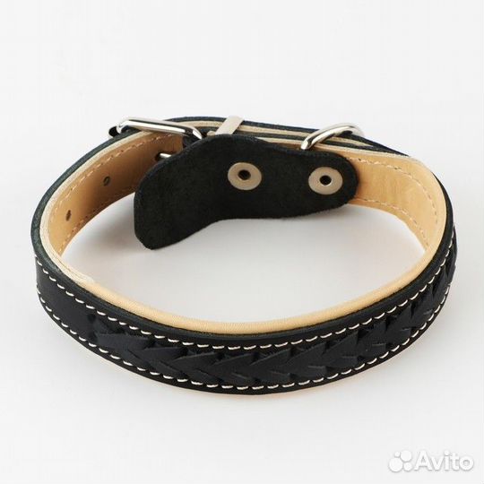 2 шт. Комплект ошейник (34-45х2 см) и поводок (120х0.8 см) с косой, чёрный с бежевым