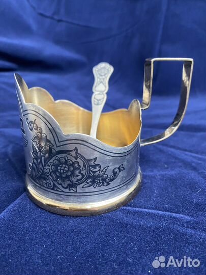 Подстаканник с ложкой, ржд, серебро 925