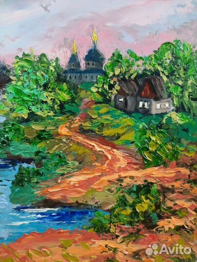 Картина маслом.Домик у дороги