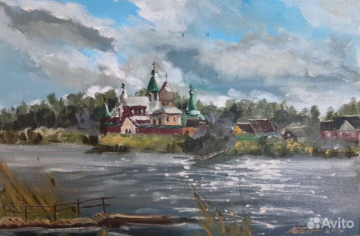 Небольшая картина маслом Старая Ладога,монастырь