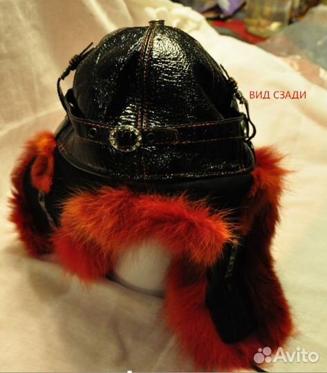 Бейсболка черная лаковая из кожи и меха 