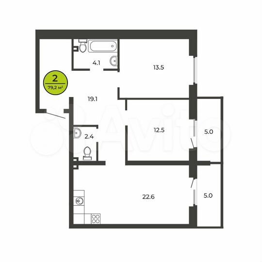 2-к. квартира, 79,2 м², 1/9 эт.