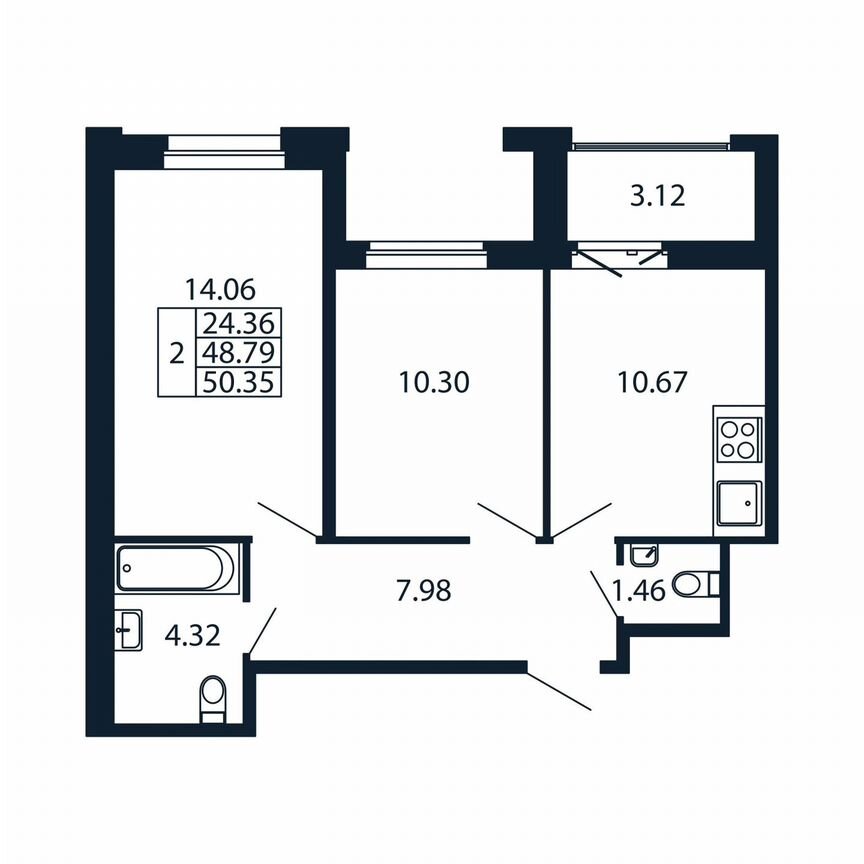 2-к. квартира, 51,9 м², 11/12 эт.