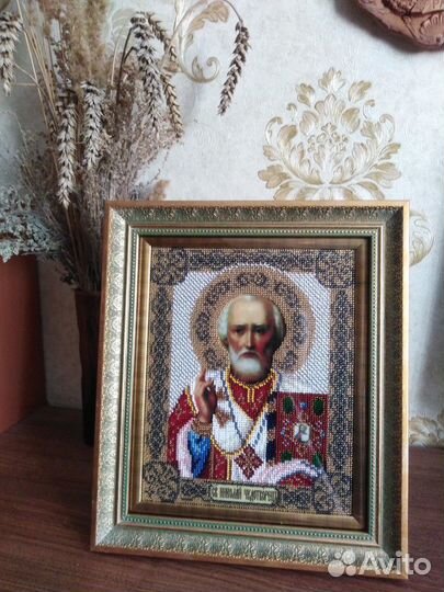 Николай Чудотворец. Икона вышитая бисером