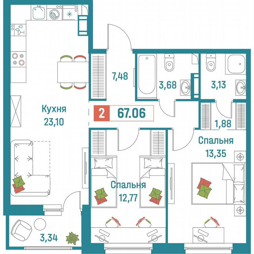 2-к. квартира, 67,1 м², 4/18 эт.