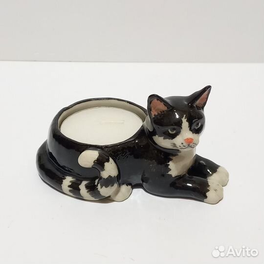 Фарфоровая статуэтка кот чёрный.Подсвечник Франция