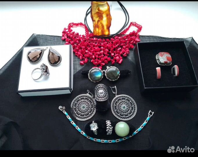 Серьги серебро, лабрадор, янтарь,раухтопаз, коралл