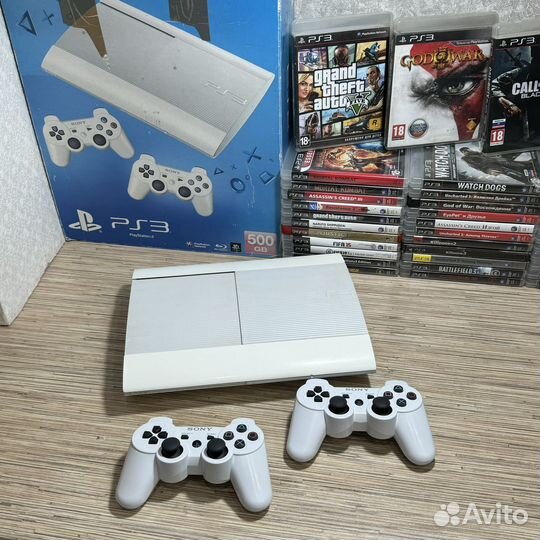 Sony PS3 Super Slim 500Gb Белая + 2Джоя + 55Игр