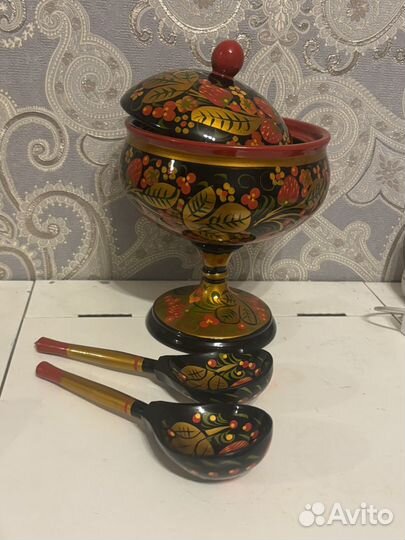 Конфетница с крышкой и ложки хохлома новые