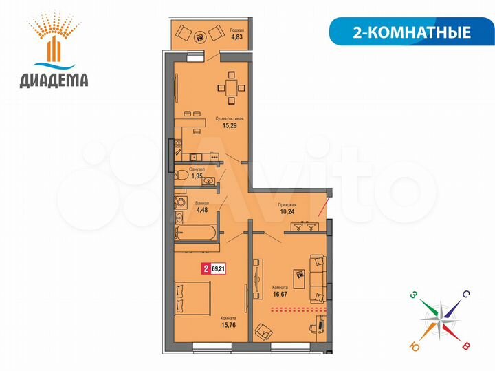 2-к. квартира, 69,2 м², 2/22 эт.