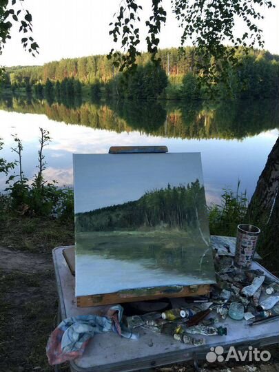 Картина маслом на холсте пейзаж поле озеро сосна