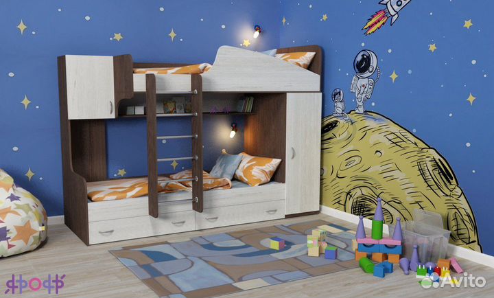 Двухъярусная детская кровать со шкафом.Любые цвета