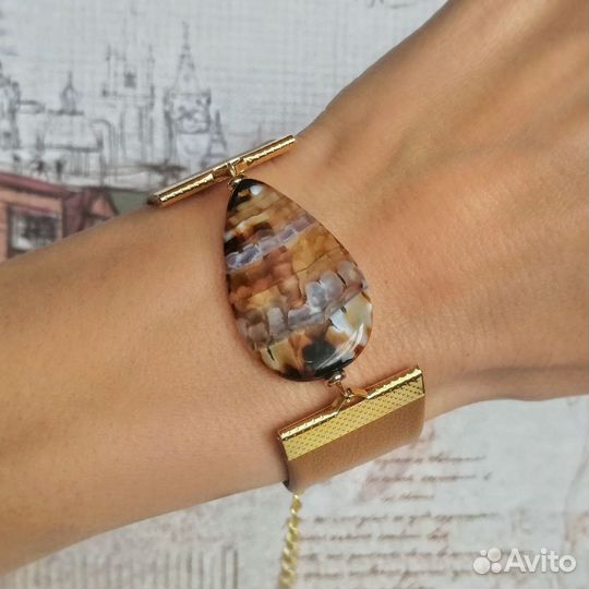 Кожаный браслет с агатом африканским натуральным