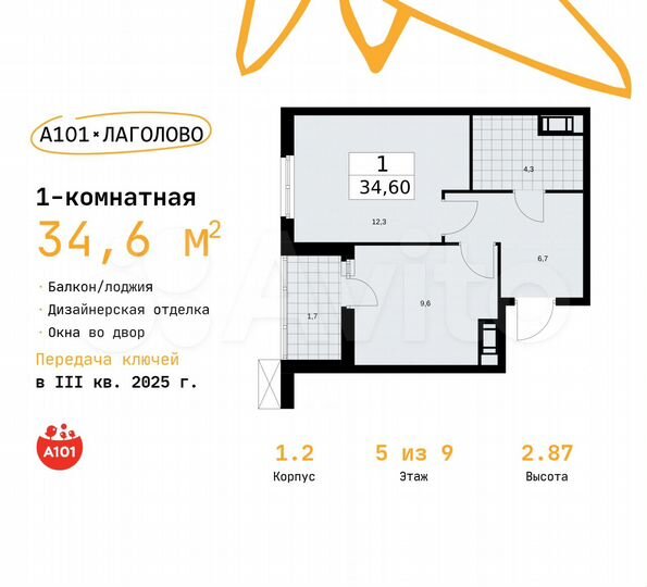 1-к. квартира, 34,6 м², 5/9 эт.