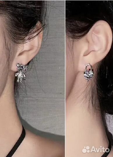 Серьги ассиметричные циркониевые мишка и сердце