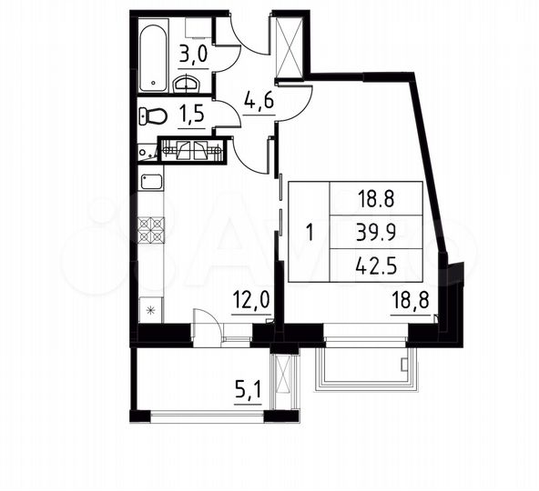 1-к. квартира, 42,5 м², 1/11 эт.