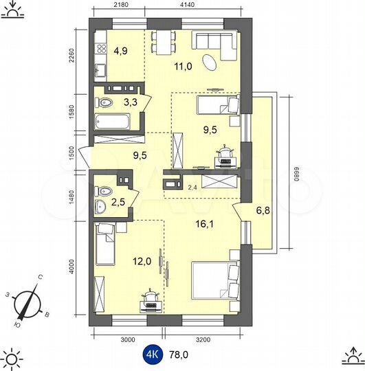 4-к. квартира, 78 м², 7/10 эт.
