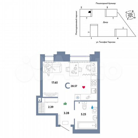 Квартира-студия, 28,6 м², 20/31 эт.