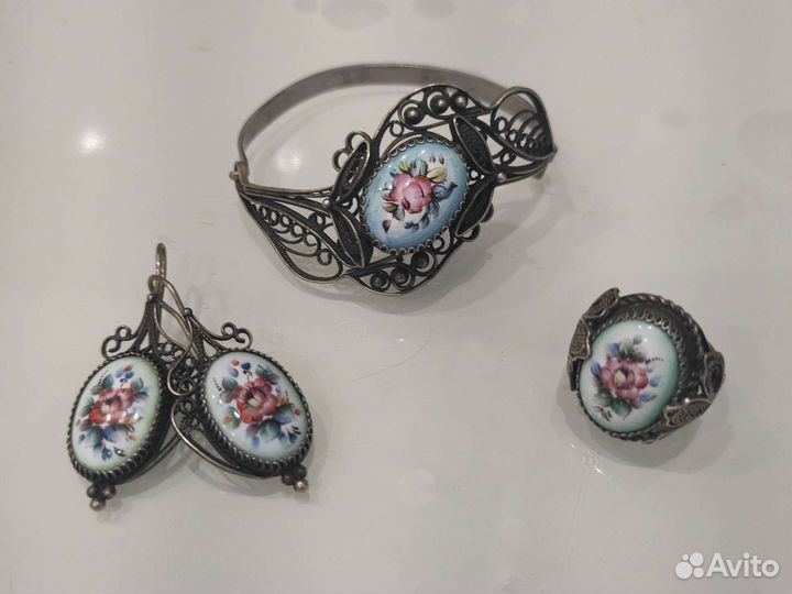 Финифть серьги, кольцо, браслет