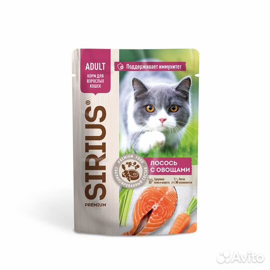 Sirius паучи для кошек, кусочки в соусе, лосось с