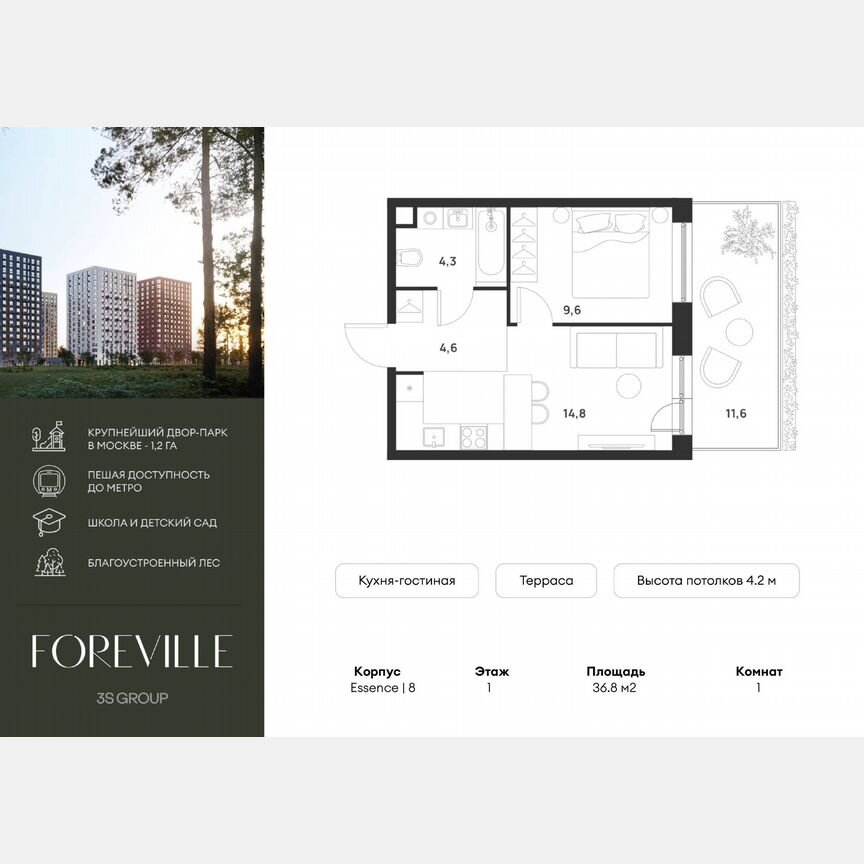 1-к. квартира, 36,8 м², 1/17 эт.