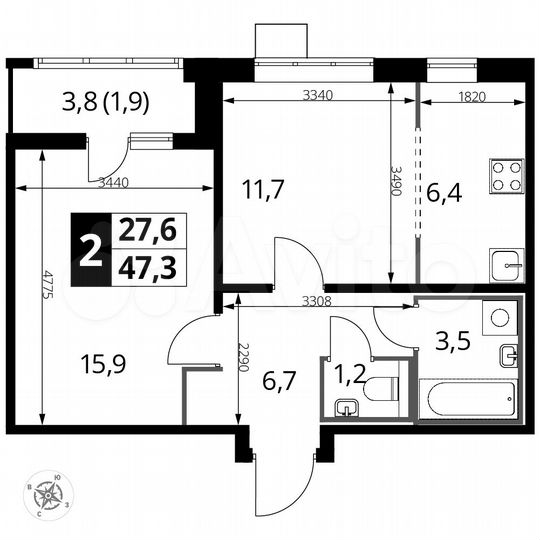 2-к. квартира, 47,3 м², 23/24 эт.
