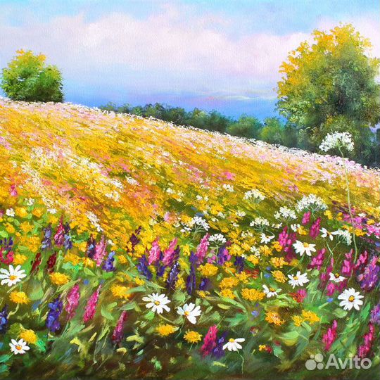 Картина поле летний пейзаж маслом на холсте в раме