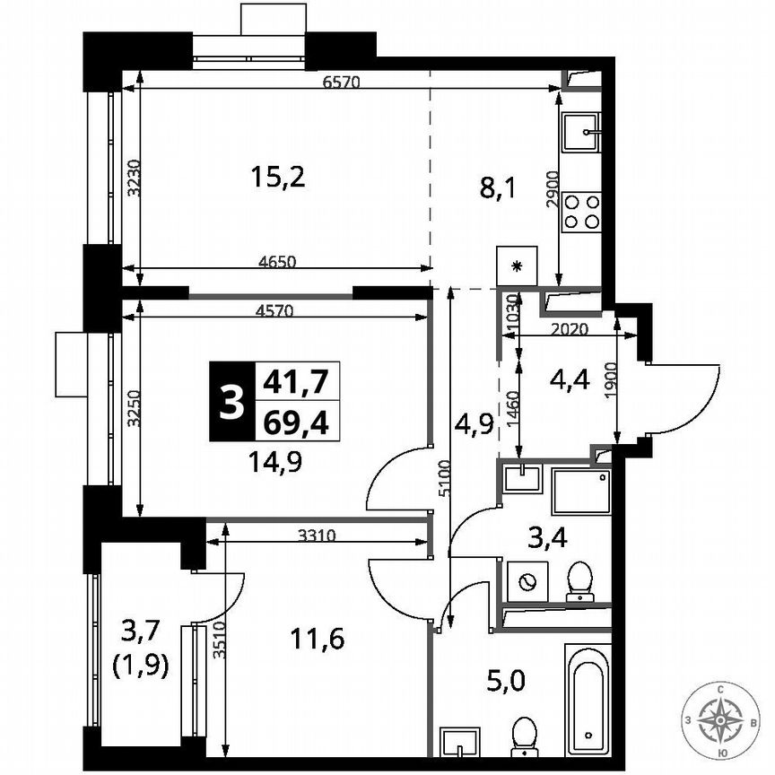 2-к. квартира, 69,4 м², 24/25 эт.