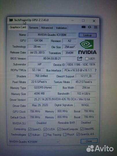Видеокарта NVidia MXM Quadro K3100M 4Gb ноутбук