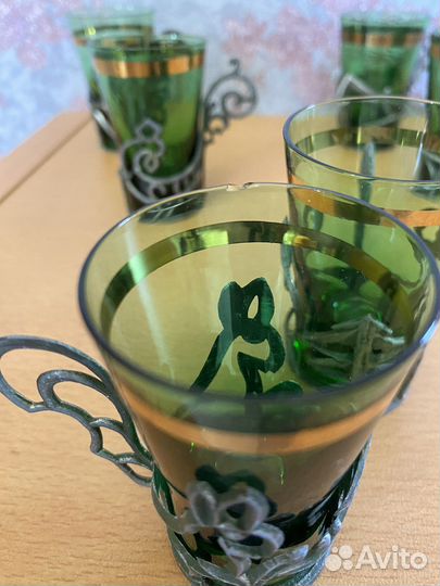 Стопки зеленое стекло в подстаканнике СССР