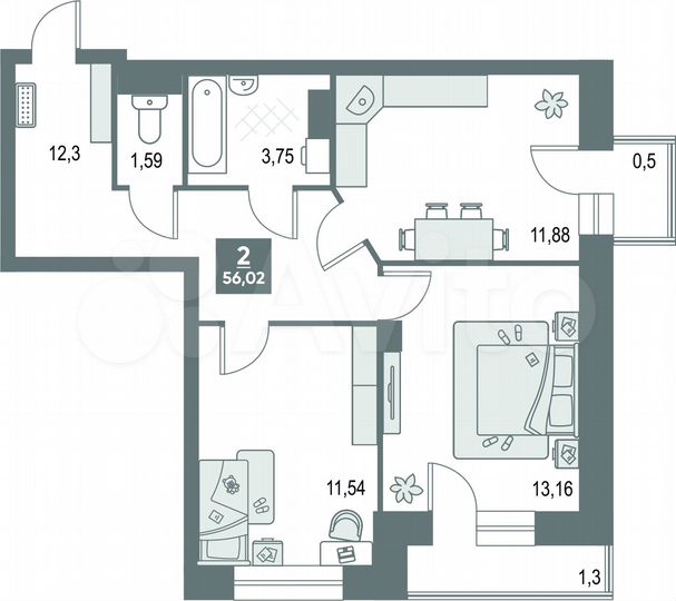 2-к. квартира, 56 м², 5/9 эт.