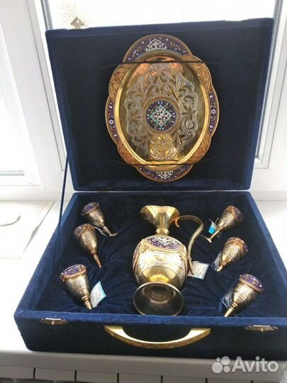 Серебряный, позолоченный набор для коньяка.Эмаль