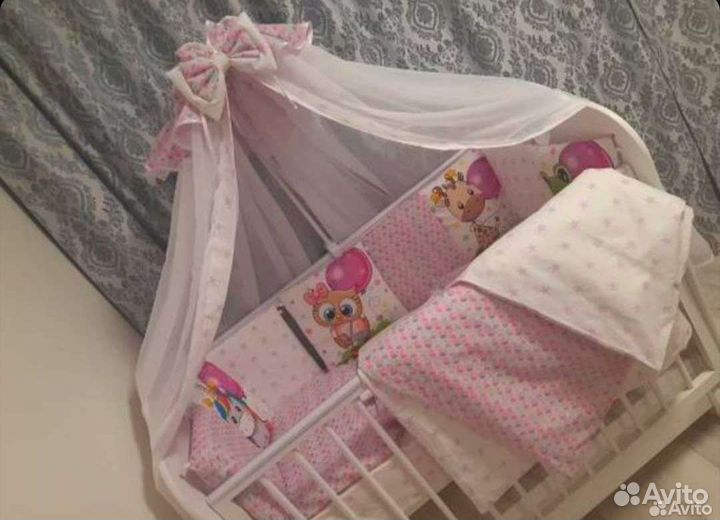 Подушечки бортики+ балдахин+пост.бельё +держатель