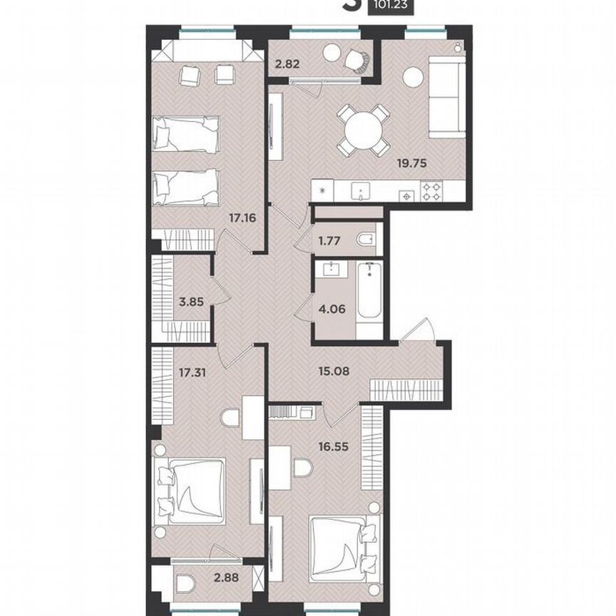 3-к. квартира, 101,2 м², 3/4 эт.