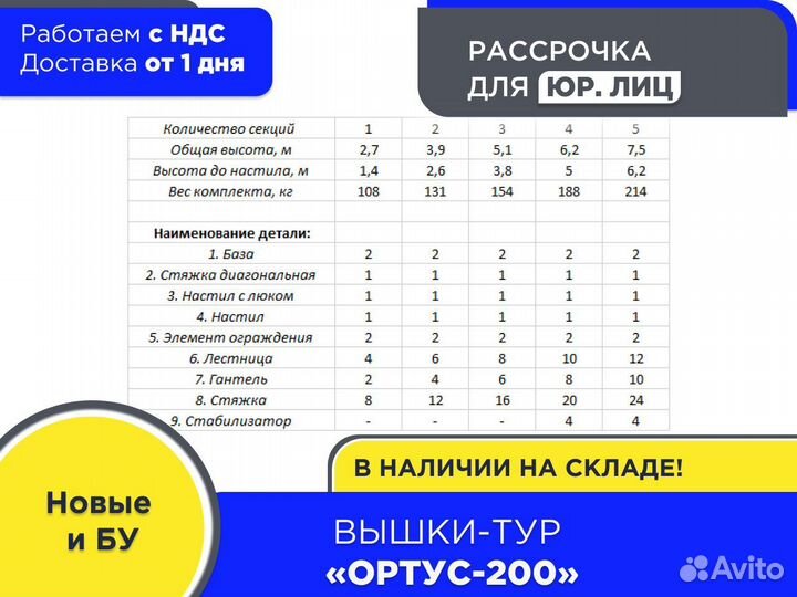 Вышки-тур Ортус-200 S0,7х1,6м, h2,7-7,5м (ндс)