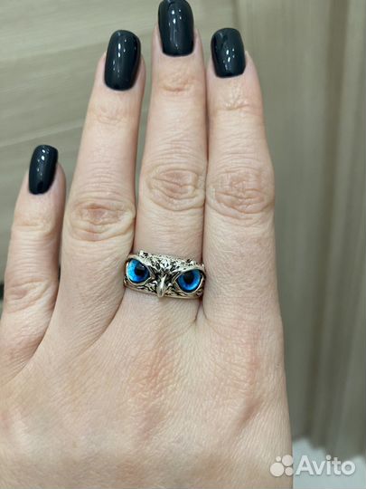 Кольцо сова с голубыми глазами