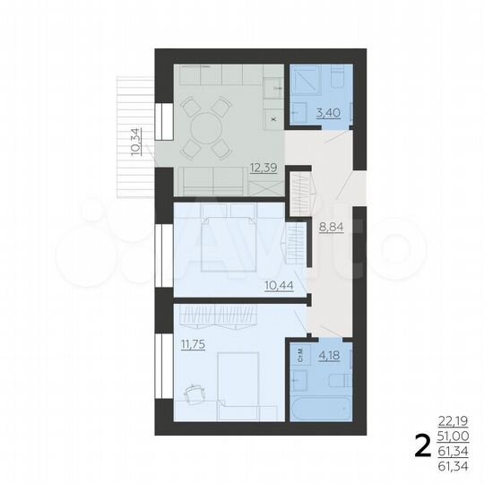 2-к. квартира, 61,3 м², 1/6 эт.