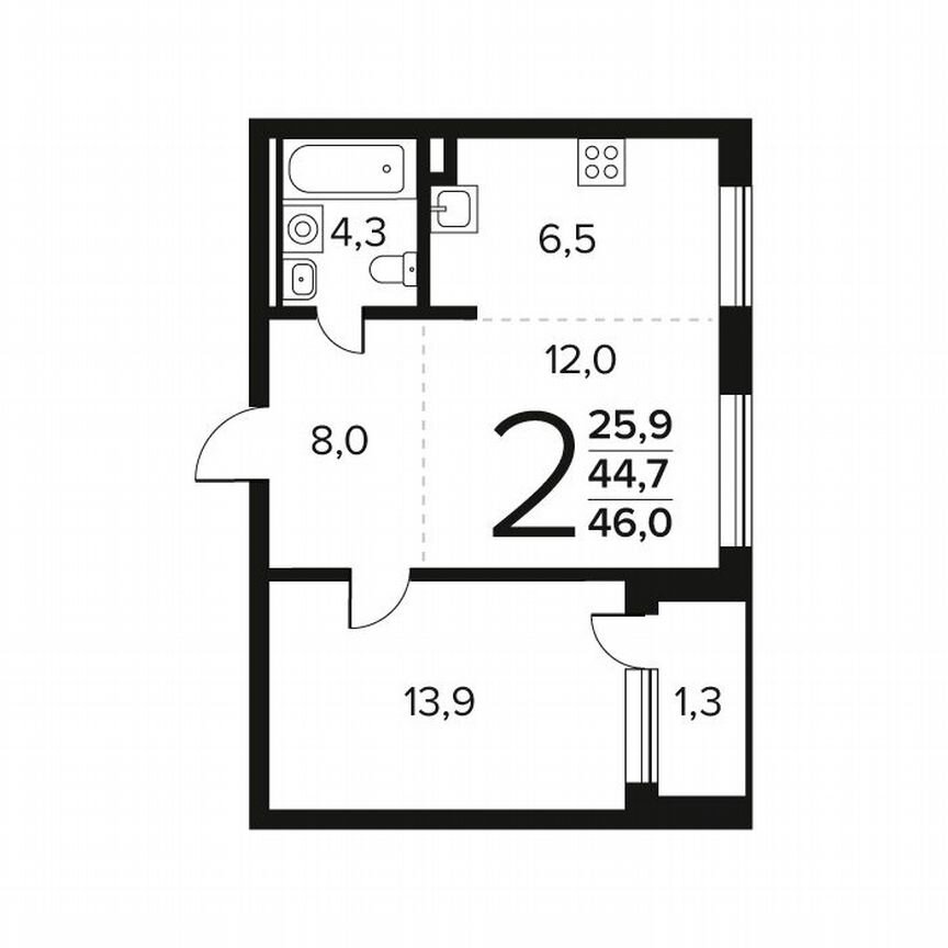 2-к. квартира, 46 м², 1/12 эт.