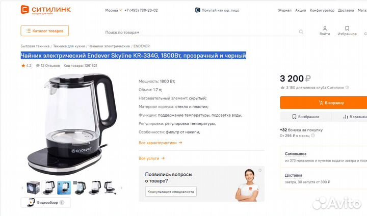 Чайник электрический Endever Skyline KR-334G рабоч