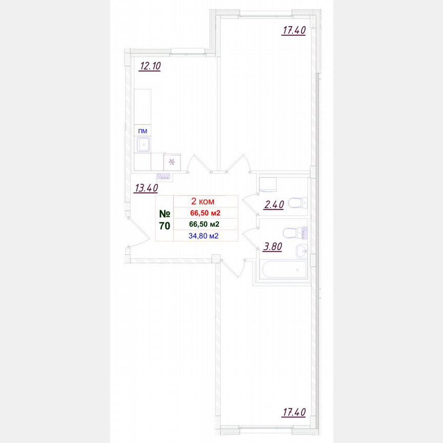 2-к. квартира, 65,3 м², 1/12 эт.