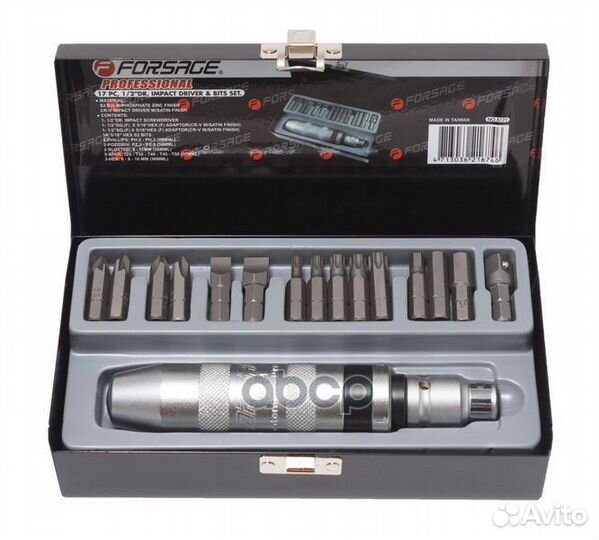 Отвертка ударная с набором бит, 17 пр: 1/2 inch