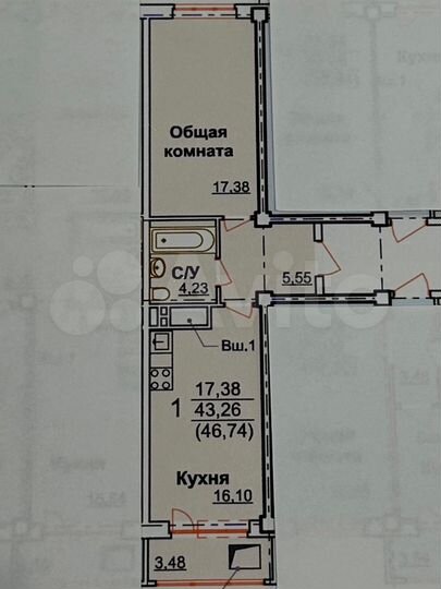1-к. квартира, 46,7 м², 14/16 эт.