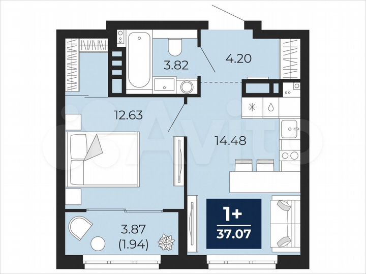 1-к. квартира, 37,1 м², 5/21 эт.