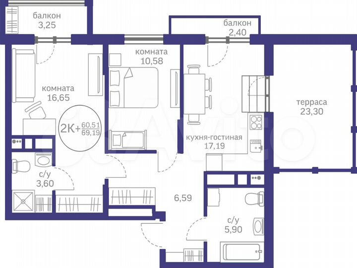 2-к. квартира, 60,5 м², 10/10 эт.