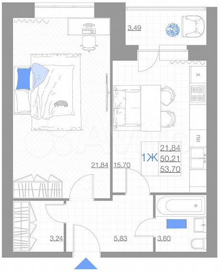 1-к. квартира, 53,7 м², 4/5 эт.