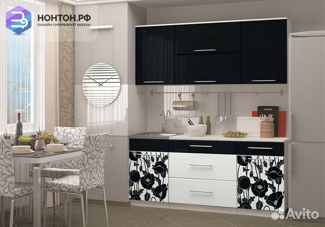 Кухня Маки черные 1.8 м белый глянец / черный мета