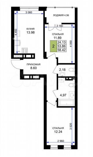 2-к. квартира, 58,4 м², 3/7 эт.