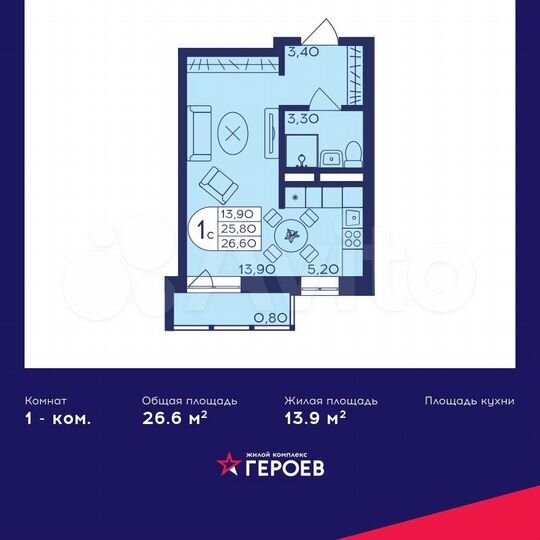 Квартира-студия, 26,6 м², 7/17 эт.